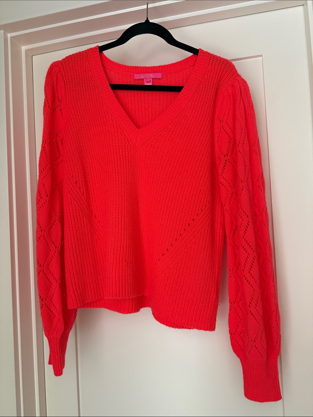 Lilly Pulitzer Bright Coral V-Neck Openwork Sleeve Sweater